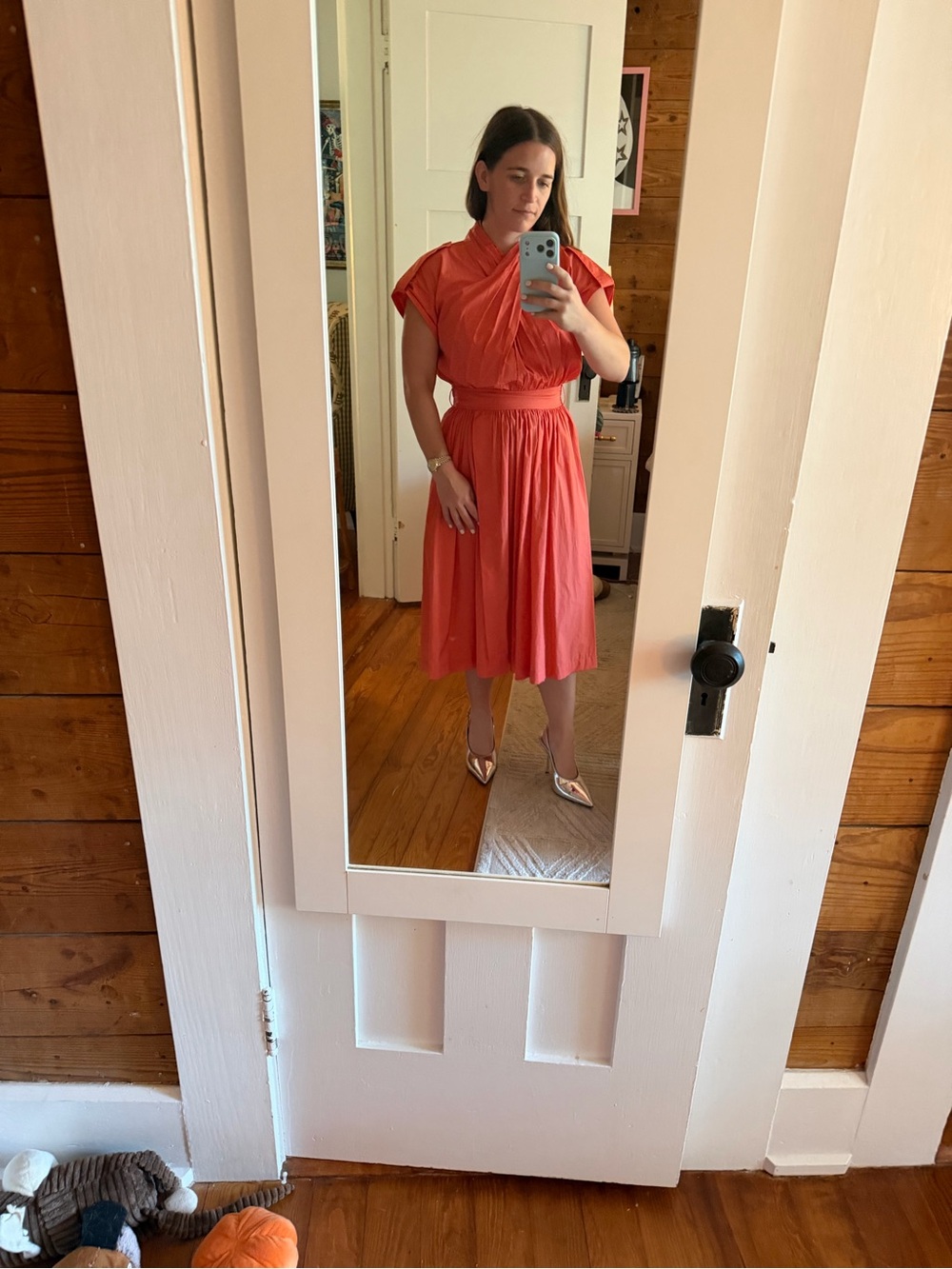 Coral Midi Dress with Gathered Waist